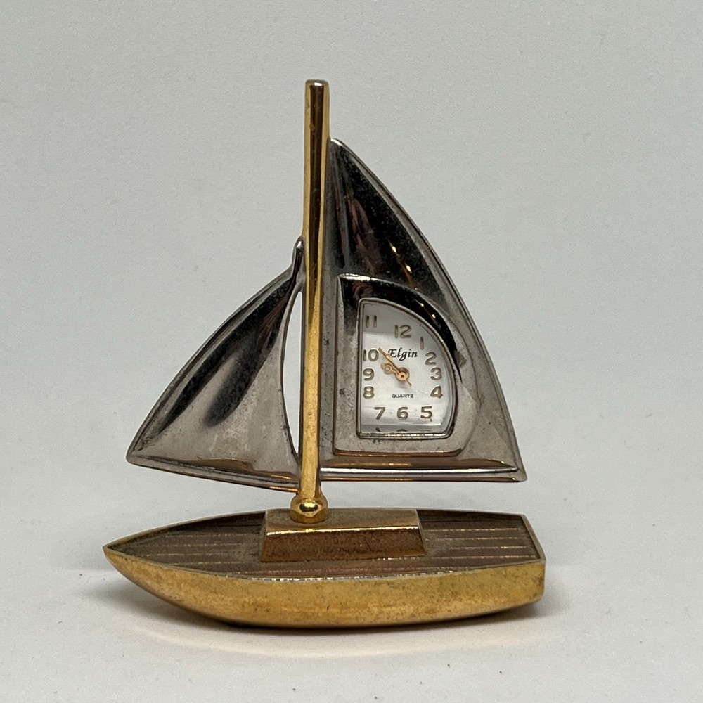 Elgin Miniature Brass Sail Boat Quartz Clock Untested