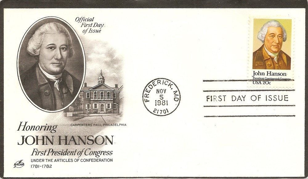 US SC # 1941 John Hanson FDC. Artcraft Cachet.