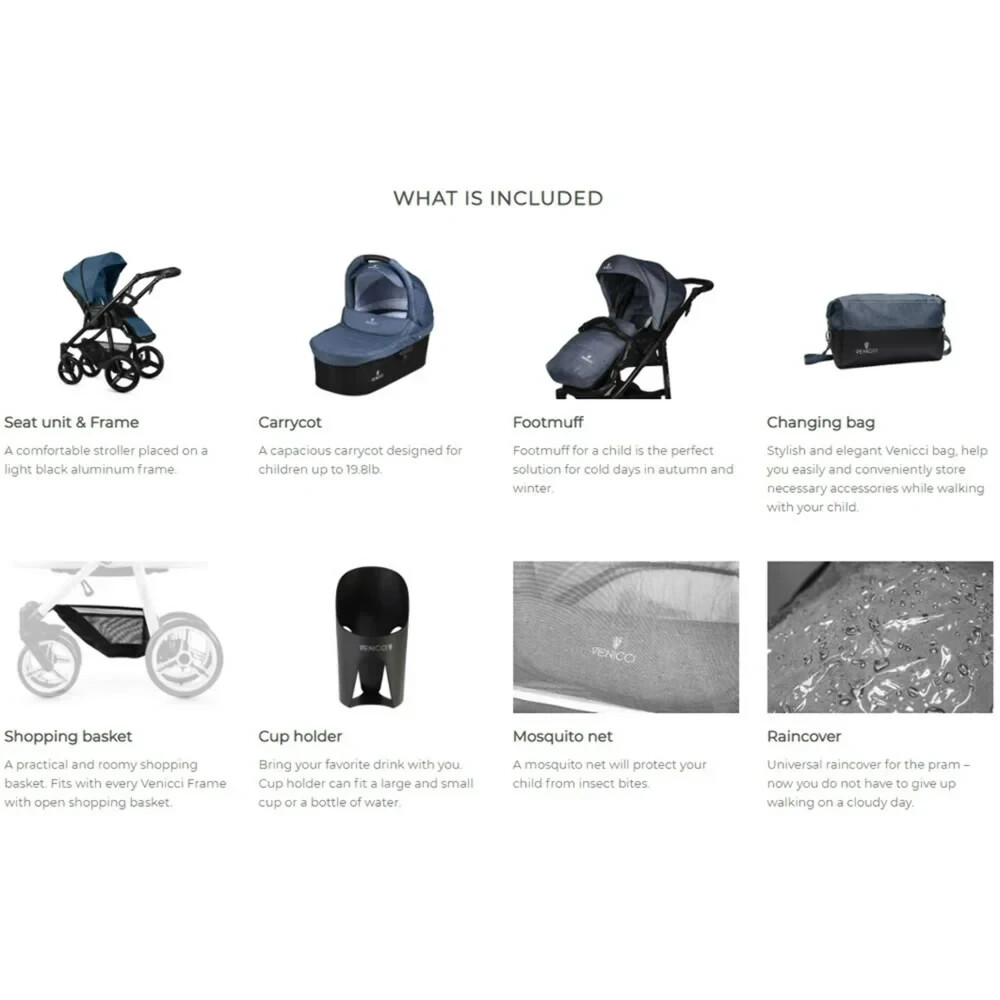 Venicci Shadow Stroller with Bassinet - Denim Grey/Black Frame
