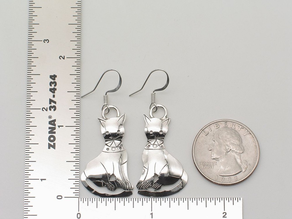 Native American Navajo Handmade Sterling Silver Dangle Cat Earrings