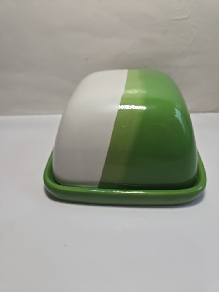 Retro Inspired Green and White Covered Butter Dish Stoneware Ceramic Threshold