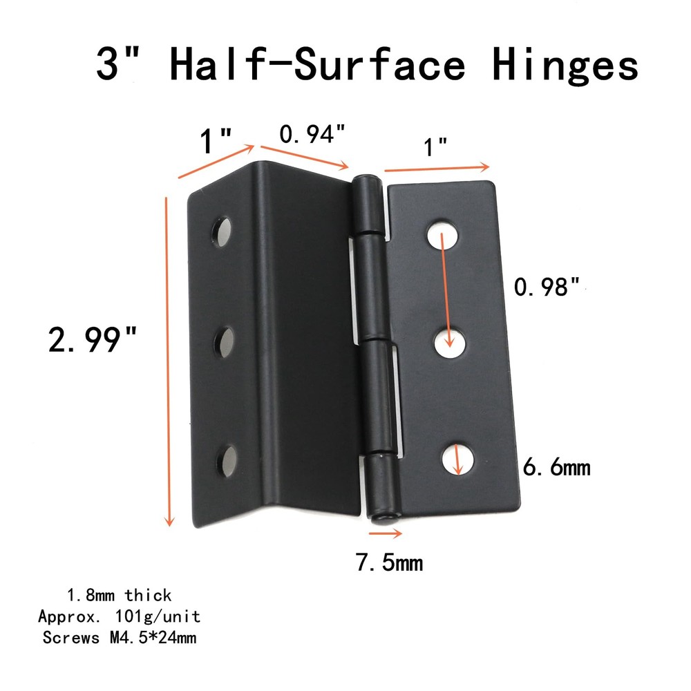 6 PCS 3 Inch HalfSurface Chest Hinge 1.8mm Bending Black SemiConcealed