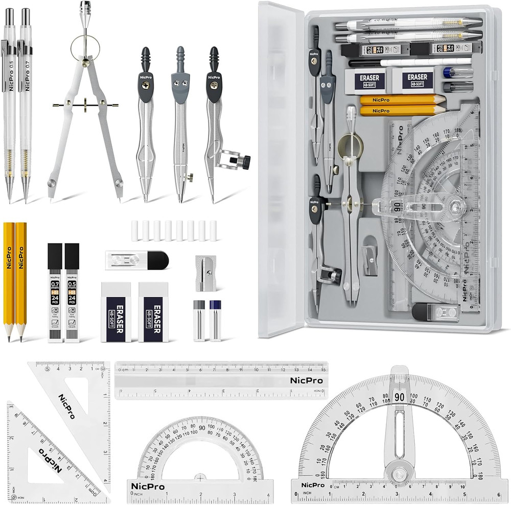 22 PCS Compass Geometry Tools With Case Drafting Tools Geometry Set With Swing