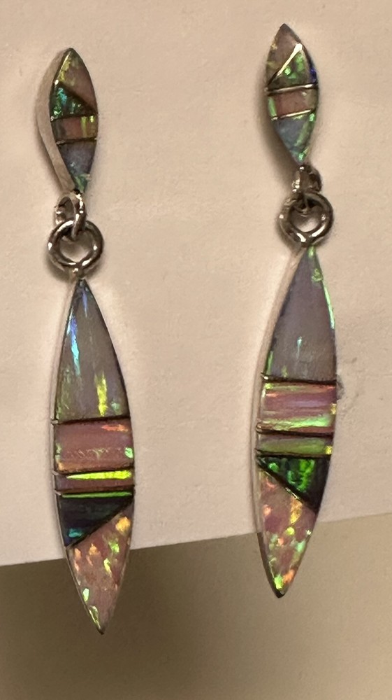Sterling Silver Opal Inlay Dangle Earrings, Native American