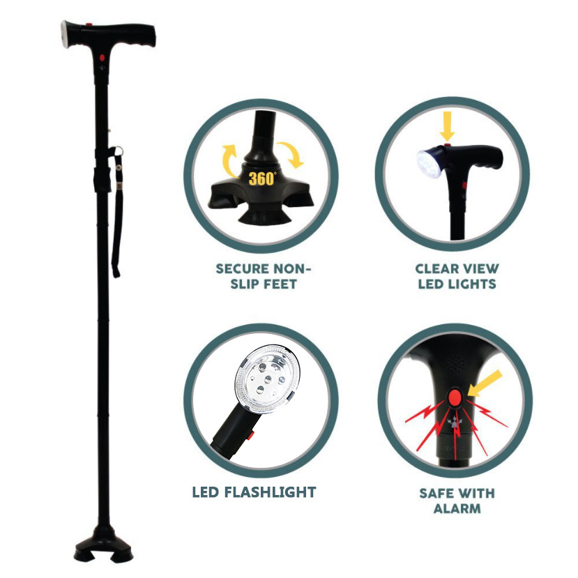 Folding Walking Cane with LED Light Adjustable SOS Alarm Aluminum Walking Stick