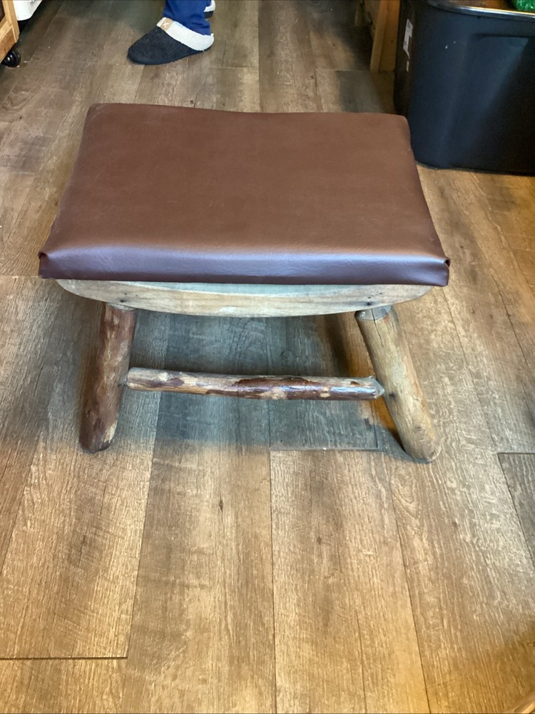 Primitive Wood Foot Stool w/ Redone Leather Foot Rest