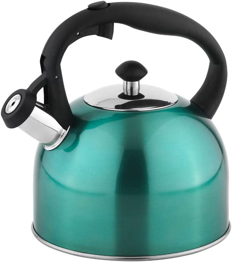 Amazon Basics 2.4-Qt Whistling Tea Kettle Stainless Steel Fast Boiling Teal