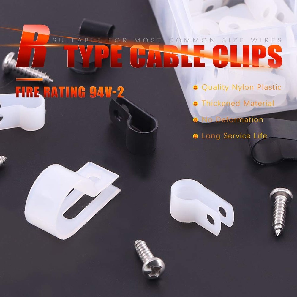 132 PCS 6 Size Black White Plastic Cable Clamp R Type Screw Mount Fastener