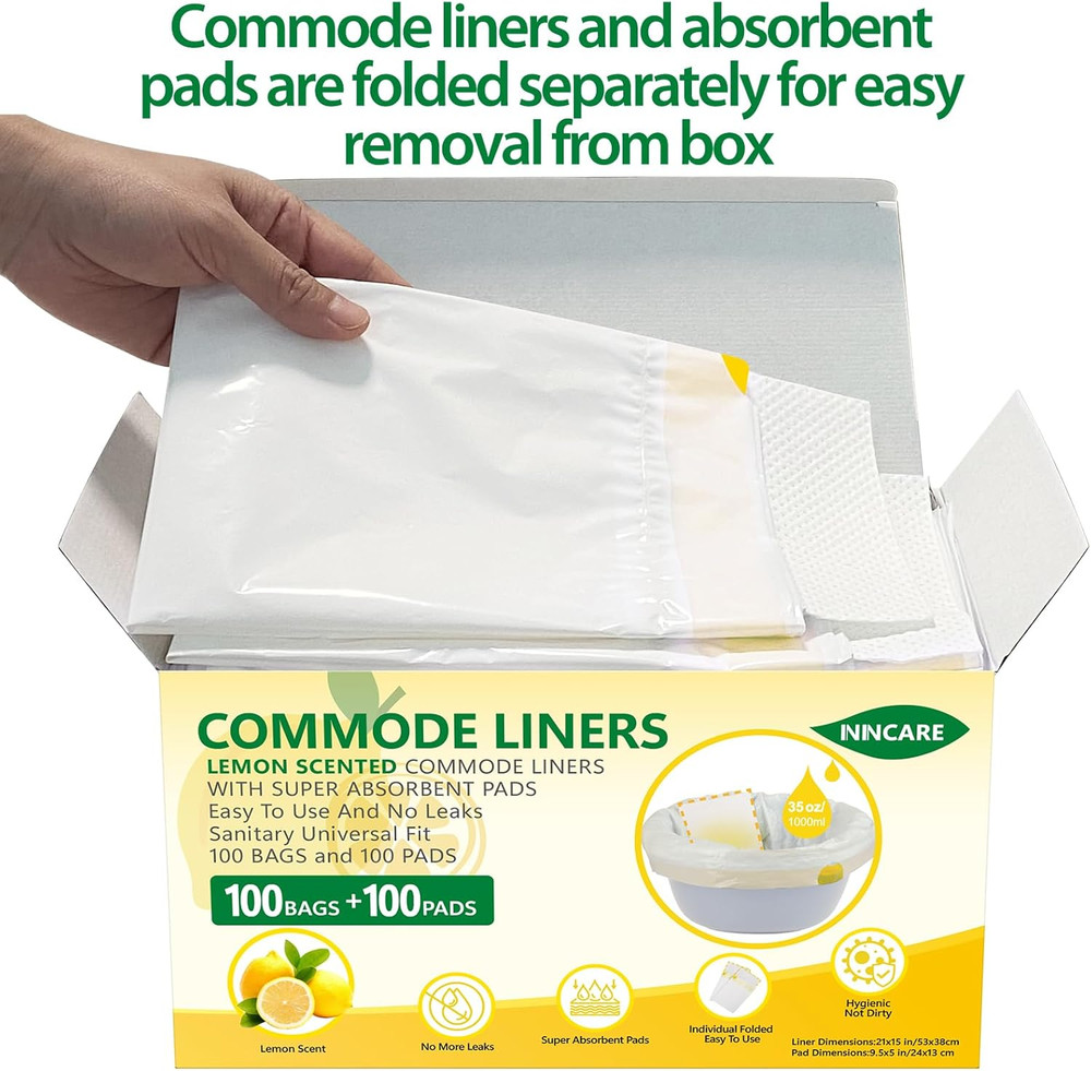 Commode Liners with Absorbent Pads for Bedside Commode, 100 Lemon Scented Bedsid