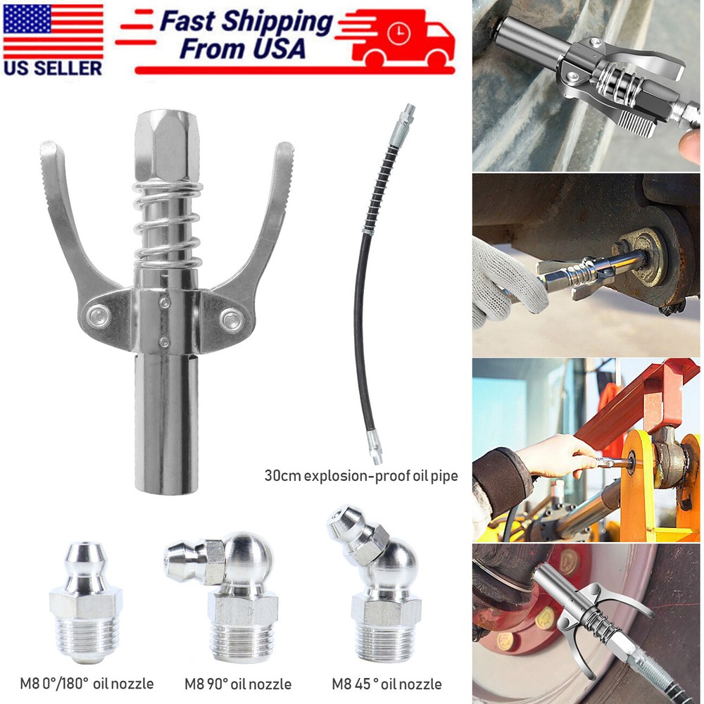Grease Gun Coupler High Pressure Quielck Rease Lock Nozzles w/Hose For 1/8"NPT