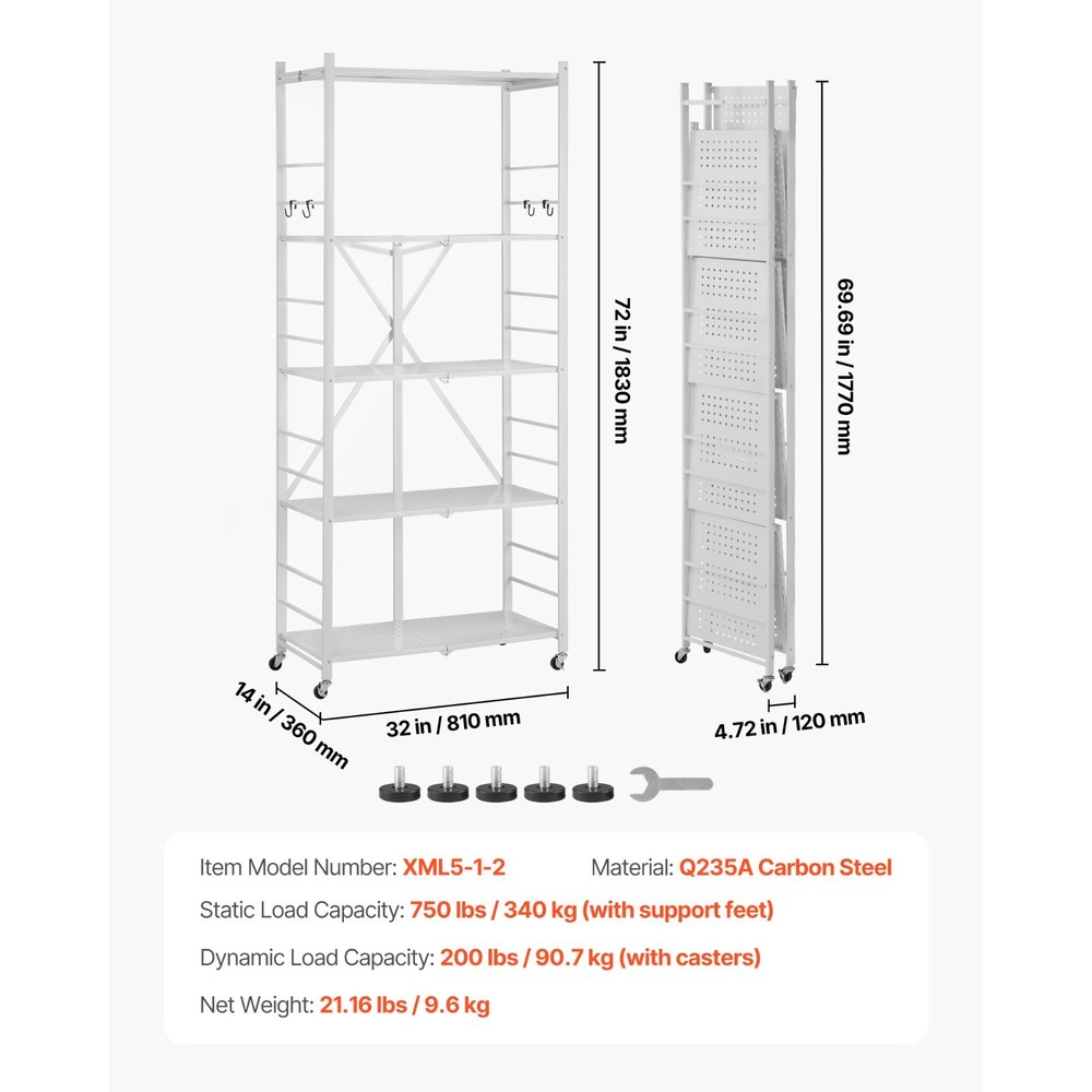 Rolling 5-Tier Storage Shelf Cart No Assembly Folding Organizer White