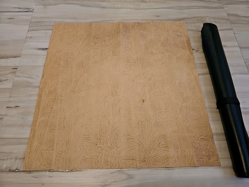 3-4oz MATTE SADDLE TAN FLORAL EMBOSSED SOFT LEATHER HIDE PANEL,SHEET,24x24,SQUAR
