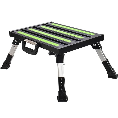 RV Step Stool, Adjustable Height Folding Aluminum Platform, Non-Slip Black
