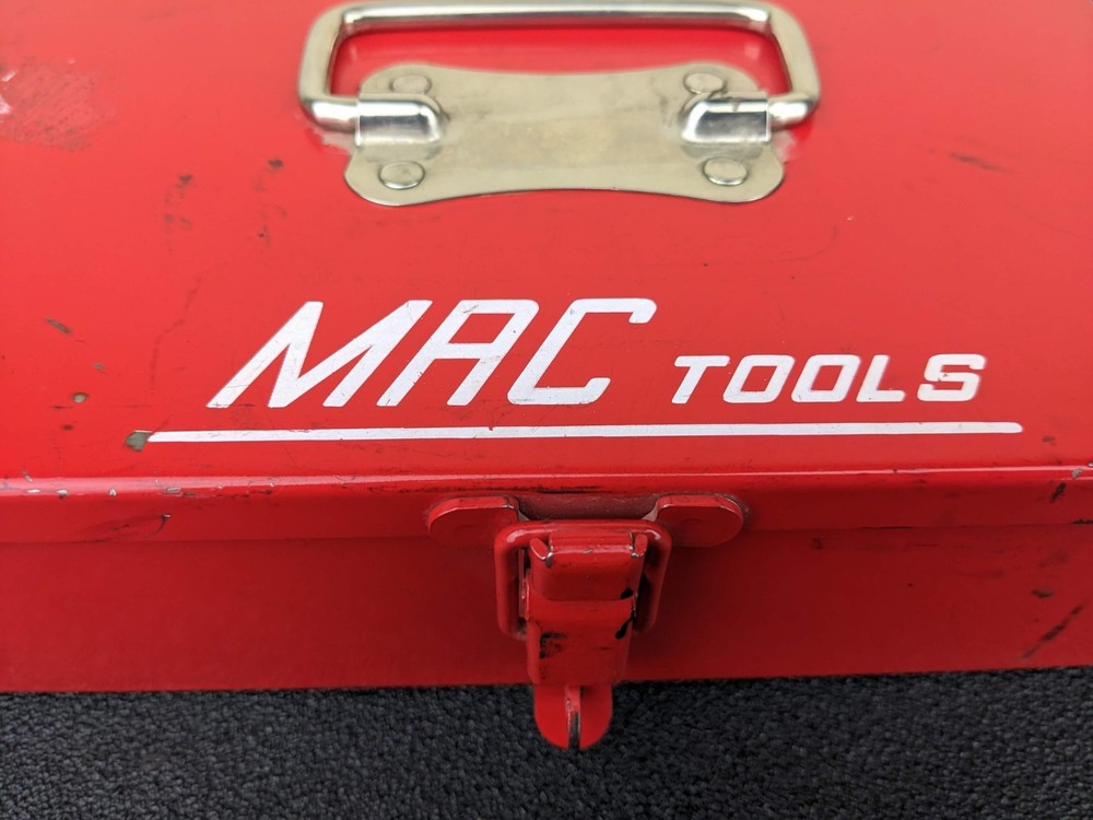 #bn739 Vintage Mac Tools Red Metal ToolBox Hinged Lid Rectangular