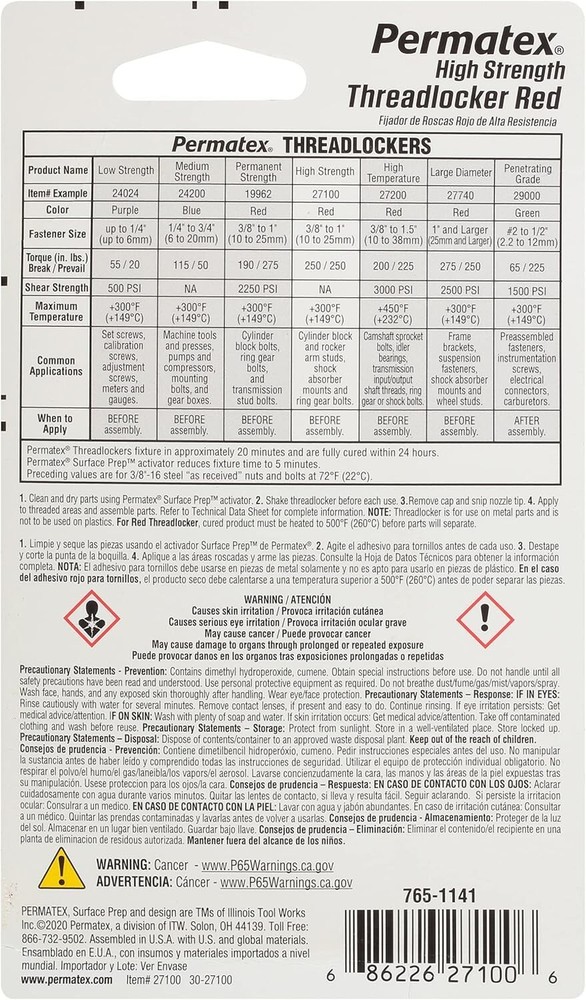 Permatex 27100 High Strength Threadlocker Red, 6 ml