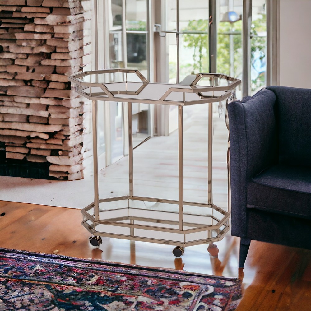 31" Champagne Iron and Mirrored Glass Octagonal Rolling Bar Cart