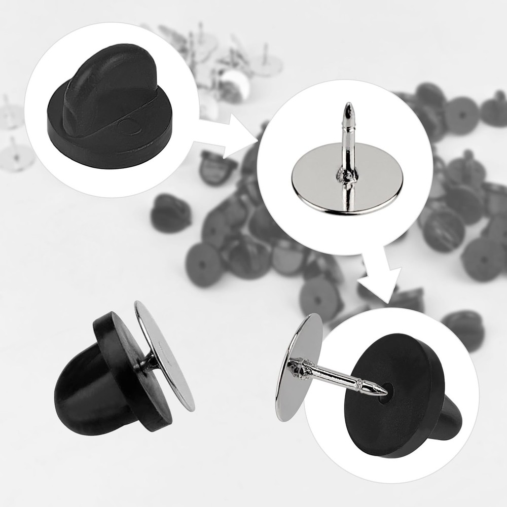 50 Pairs Pin and Backs, Backs Locking Tie Tack, Rubber Black