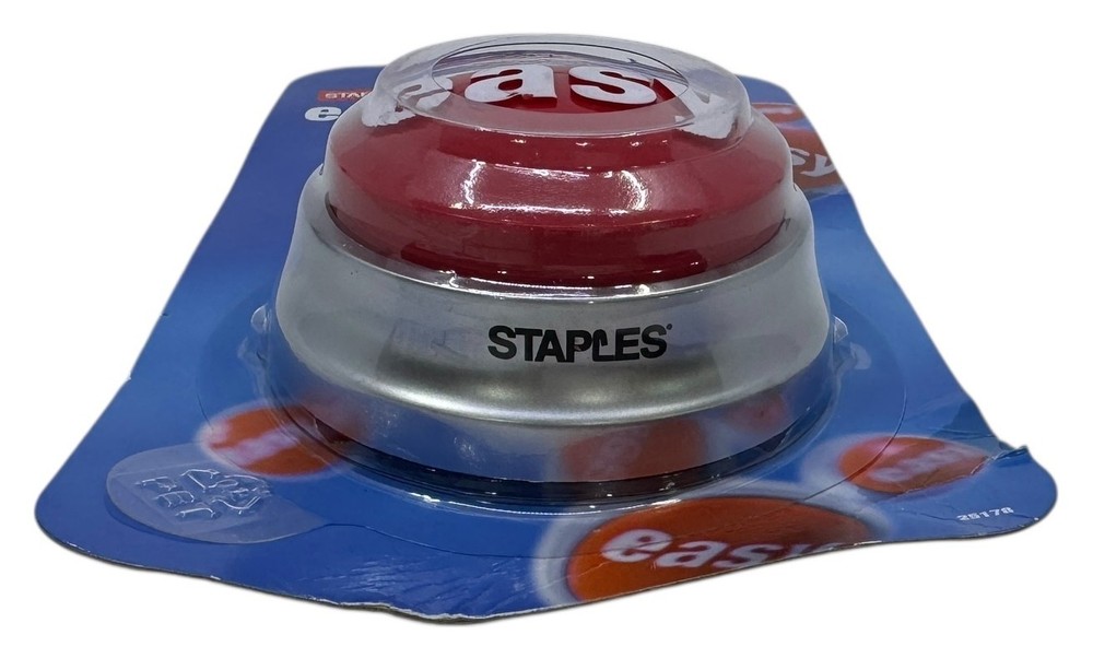 STAPLES EASY TALKING BUTTON RED/SILVER "THAT WAS EASY" NEW IN PACKAGE