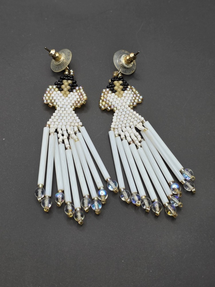 Hand Beaded Angels White Dangle Earrings 3"
