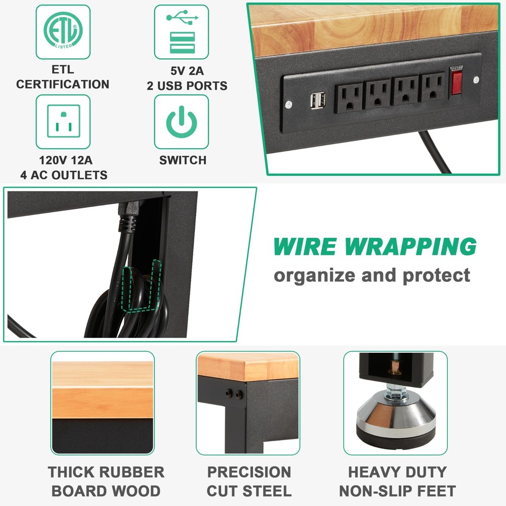 HABUTWAY Height Adjustable Workbench, 60"x20" 2000 Lbs Capacity Solid Wood Work
