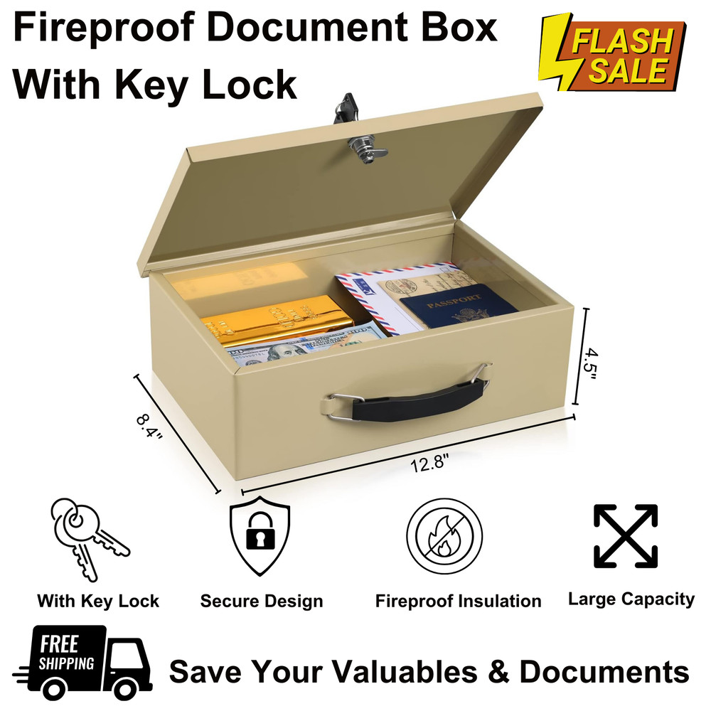 Fireproof Document Metal Box W Key Lock - Safe Storage for Valuables & Documents