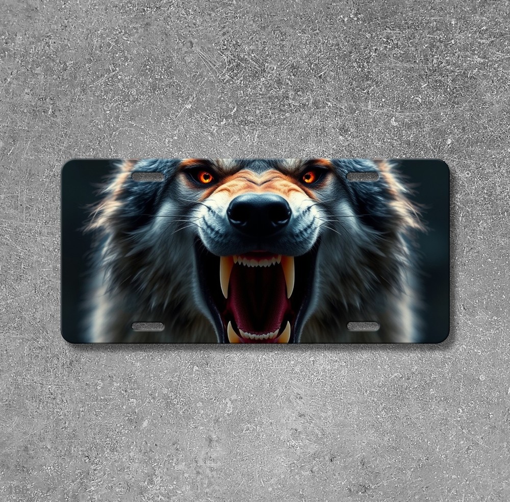 Hyperrealistic Wolf License Plate Snarling Design Optional Text Decorative Plate