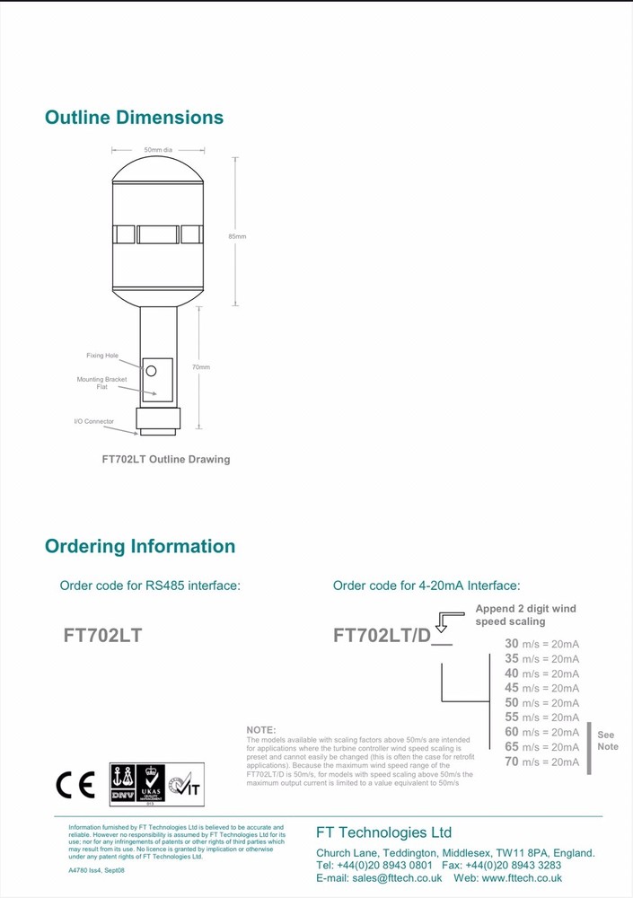 FT Technologies FT702LT V20 Wind Sensor Wind Vane Anemometer With Cable