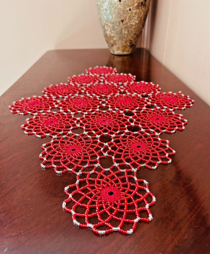 RED & SILVER CROCHET BEADED DOILY 25"/16" Handmade