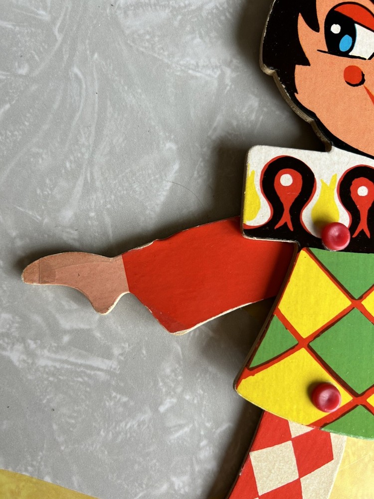Vintage Wood Pull String Toy Clown - Missing Pull String