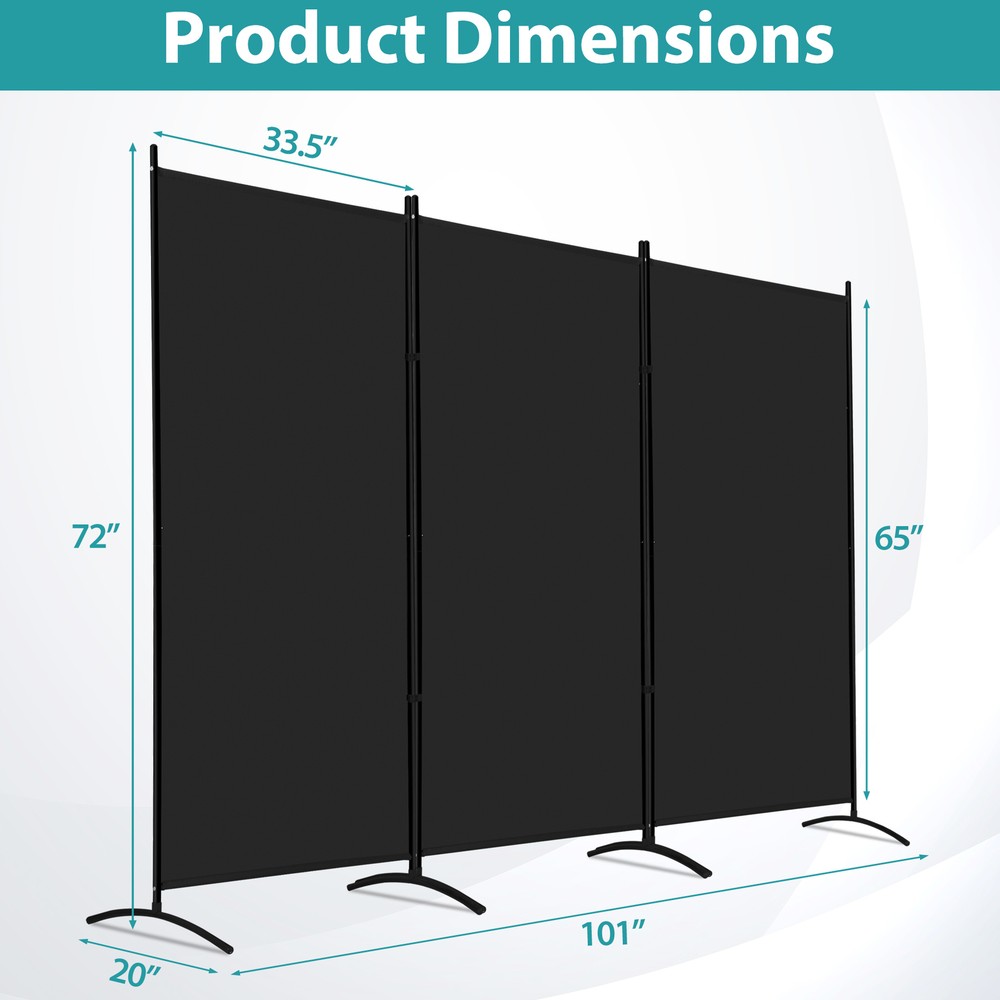 3 Panel Rolling Room Divider Folding Wall Divider for Office Restaurant Black
