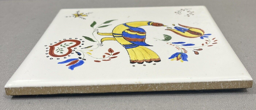 Hand Painted Eating Bird Tile Unknown Artist