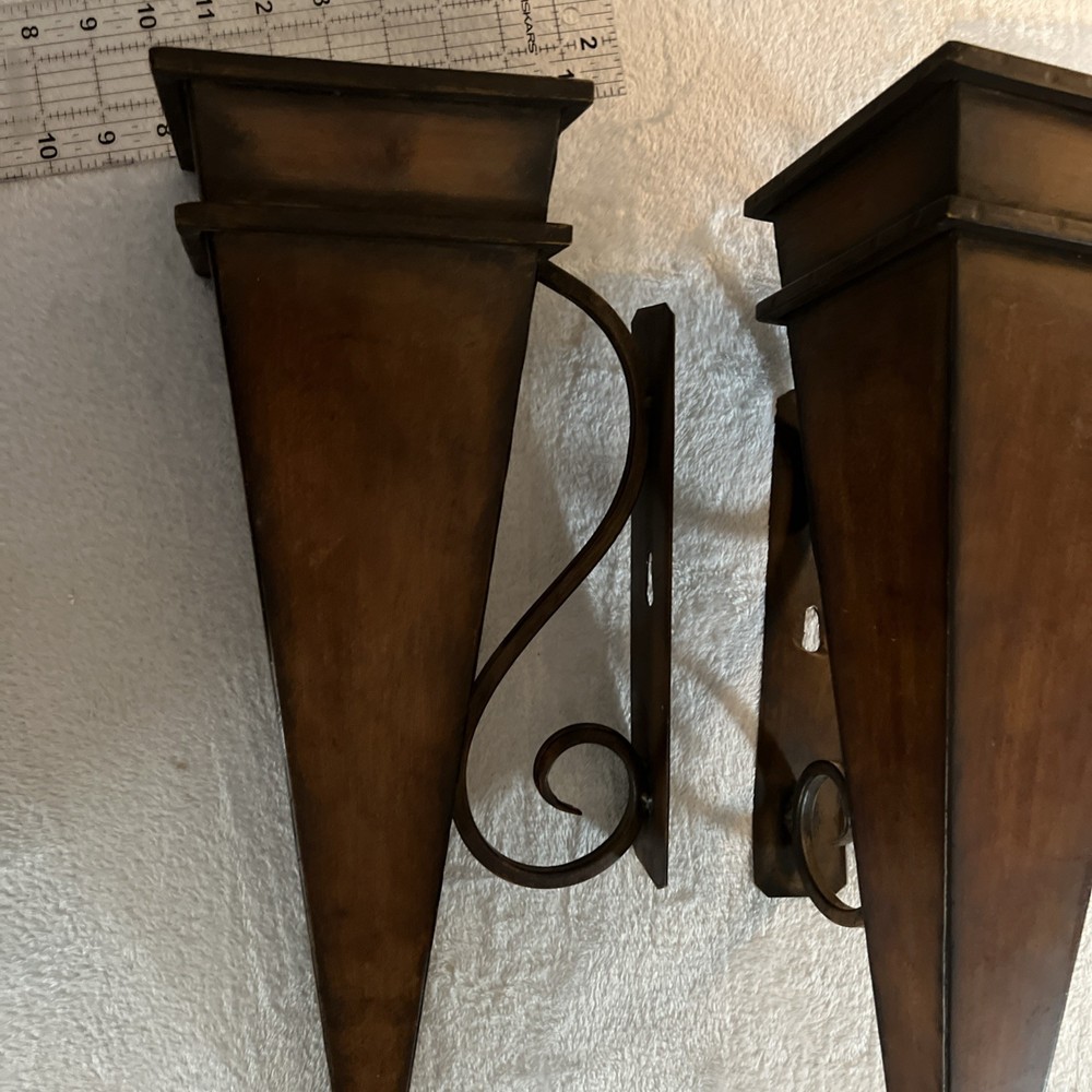 Tall, Metal Sconces/wall Vases Triangler With Scroll Backing