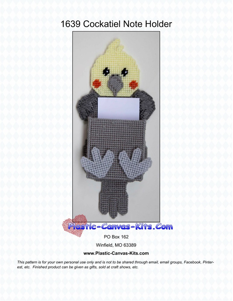 Cockatiel Bird Magnetic Note Holder- Plastic Canvas Pattern or Kit