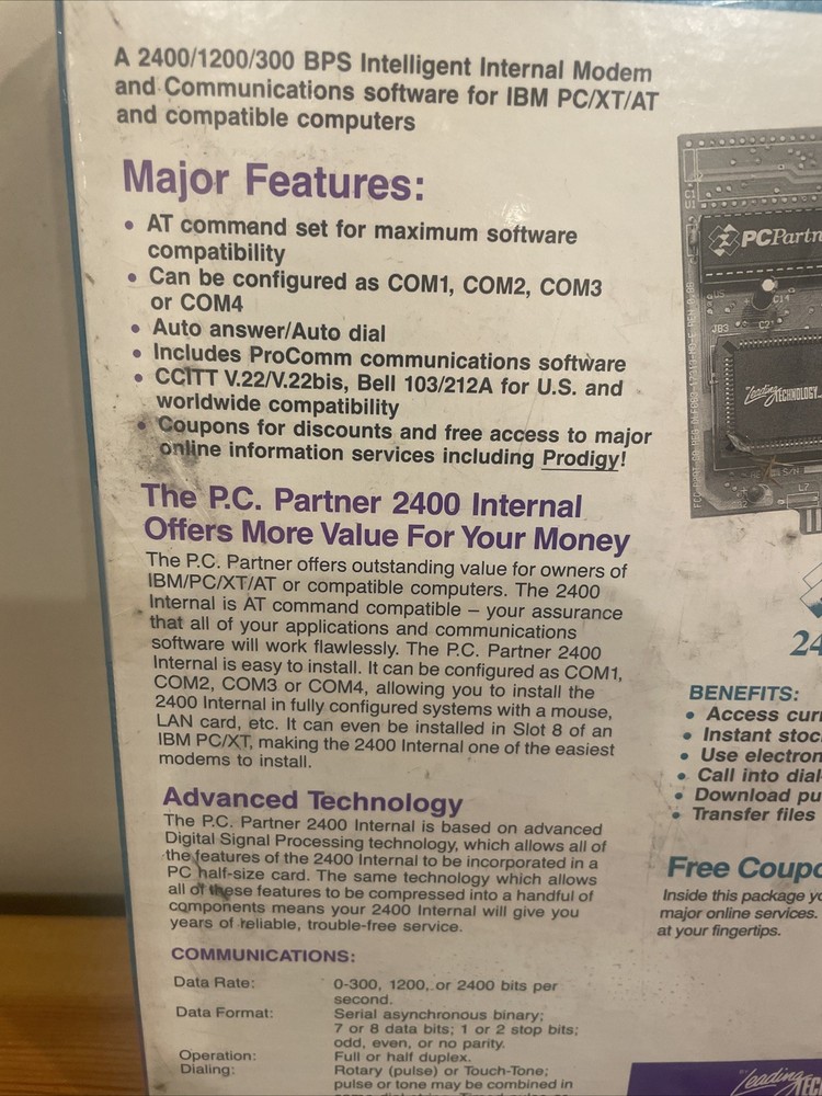 NEW PC Partner Leading Technology 2400/BPS Internal Modem for PC Fax Out Sealed