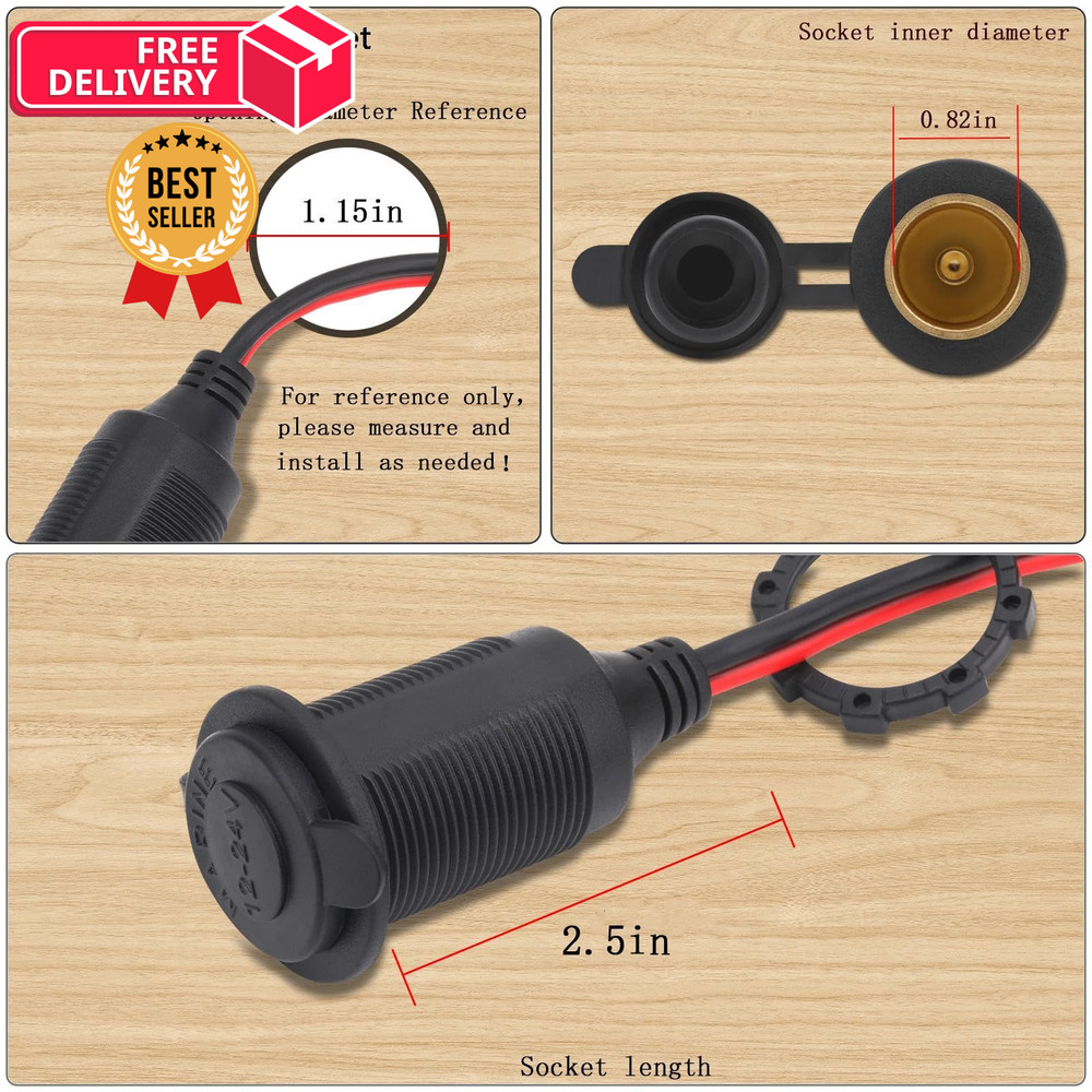 Dongge 12V/24V Fixed Thread Cigarette Lighter Socket Extension Cable 10 FT