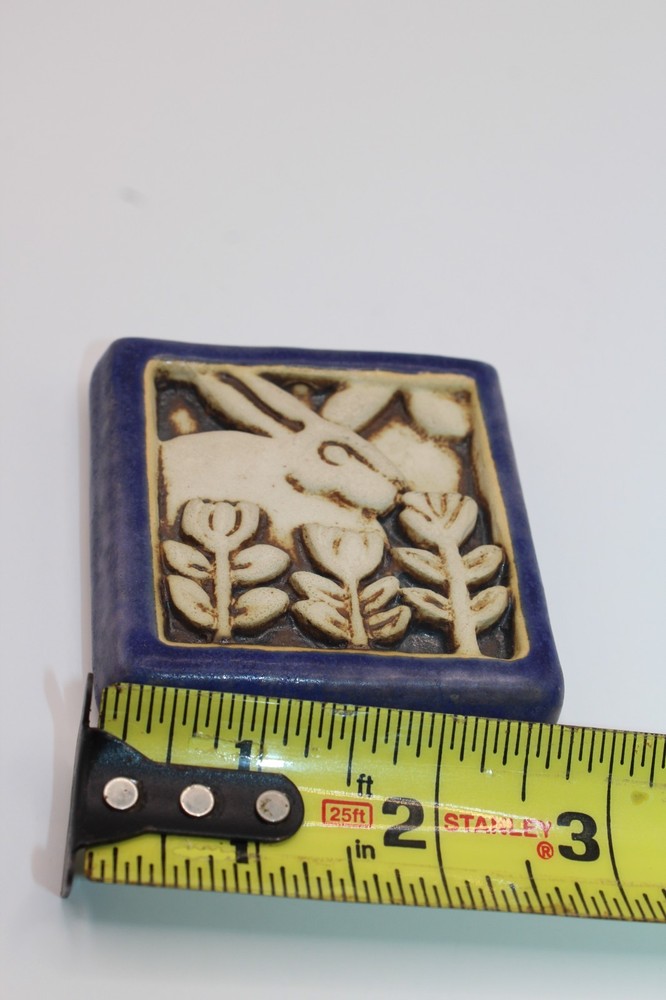 Carruth Studio Art Pottery Ceramic Mini Tile 1996 Rabbit Flowers Spring