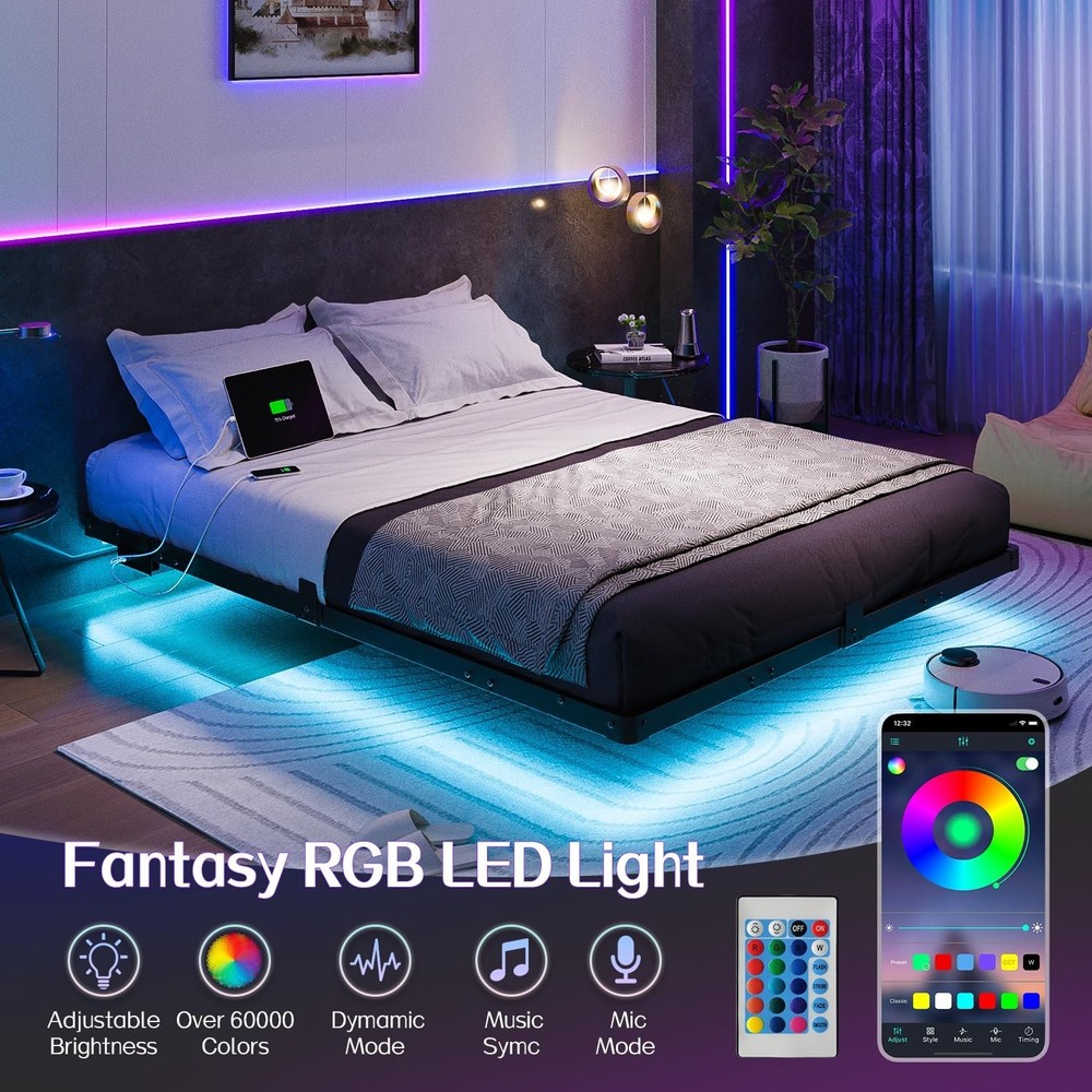 Queen Size Floating Bed Frame with USB Charging Station and LED Lights, Moder...