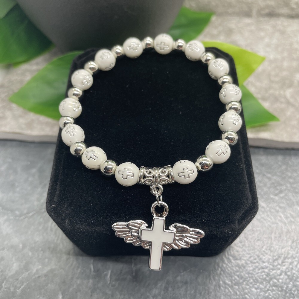 Handmade Beaded Stackable 6.5" Plus Stretch Bracelet New Cross Wings A1600