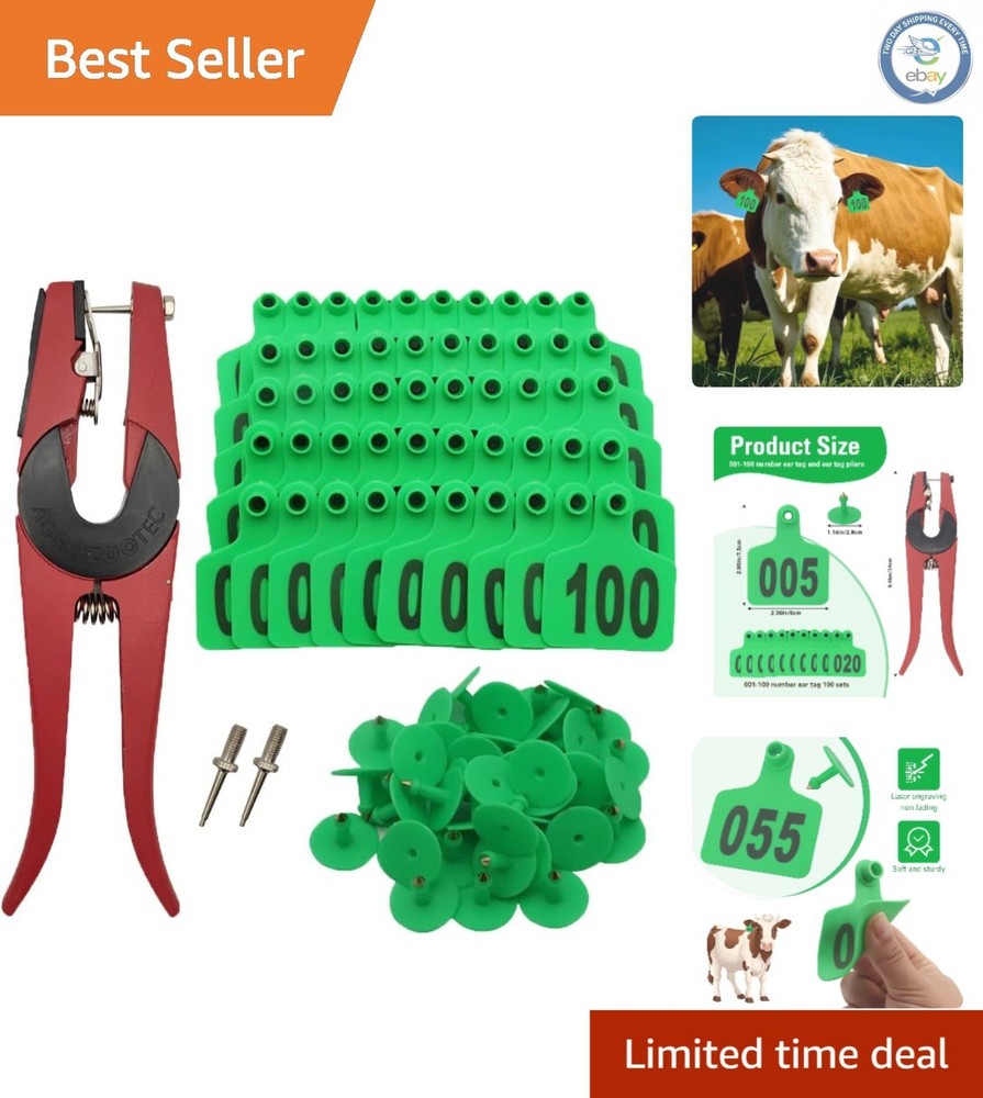 Essential 100 Piece Green Cattle Ear Tags Set with Flexible Applicator Tools
