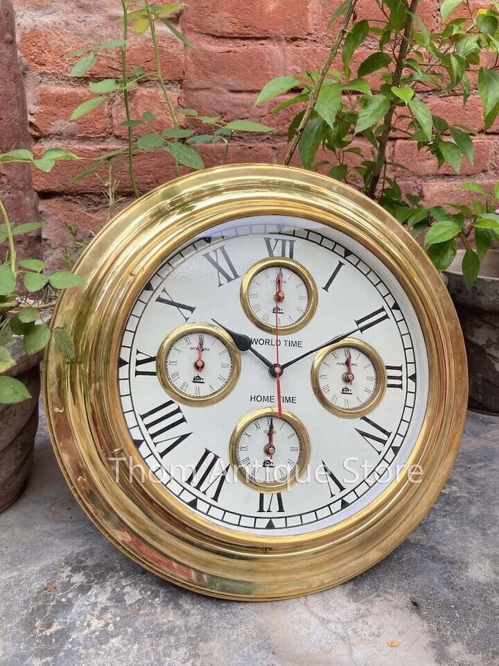 Nautical Solid Brass World Time 17" Nautical Ship's Wall Clock / Home Decor