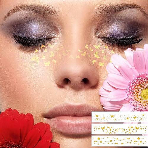 JEEFONNA 60 Sheets Face Temporary Tattoos, Metallic 60 Sheets Temporary Tattoos