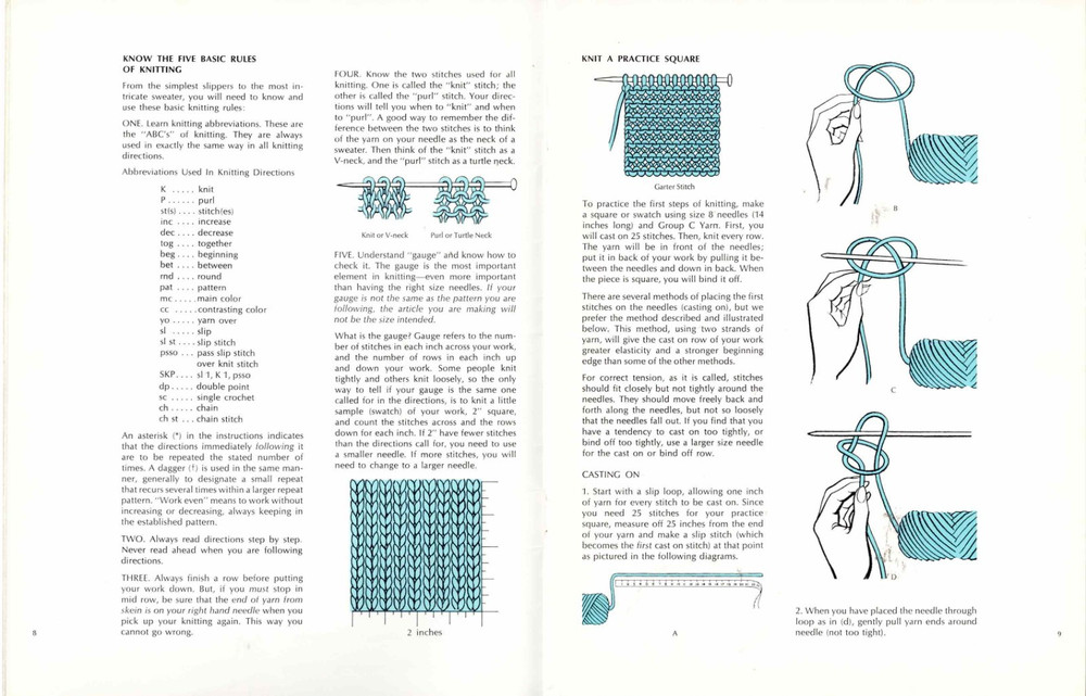 Sears Beginner's Knitting Book Basic Instructions 4 Patterns 1970's Vintage