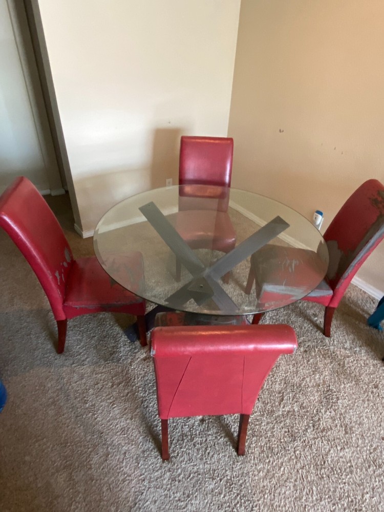 Round Glass Modern Dining Table with Wooden Geometric Base