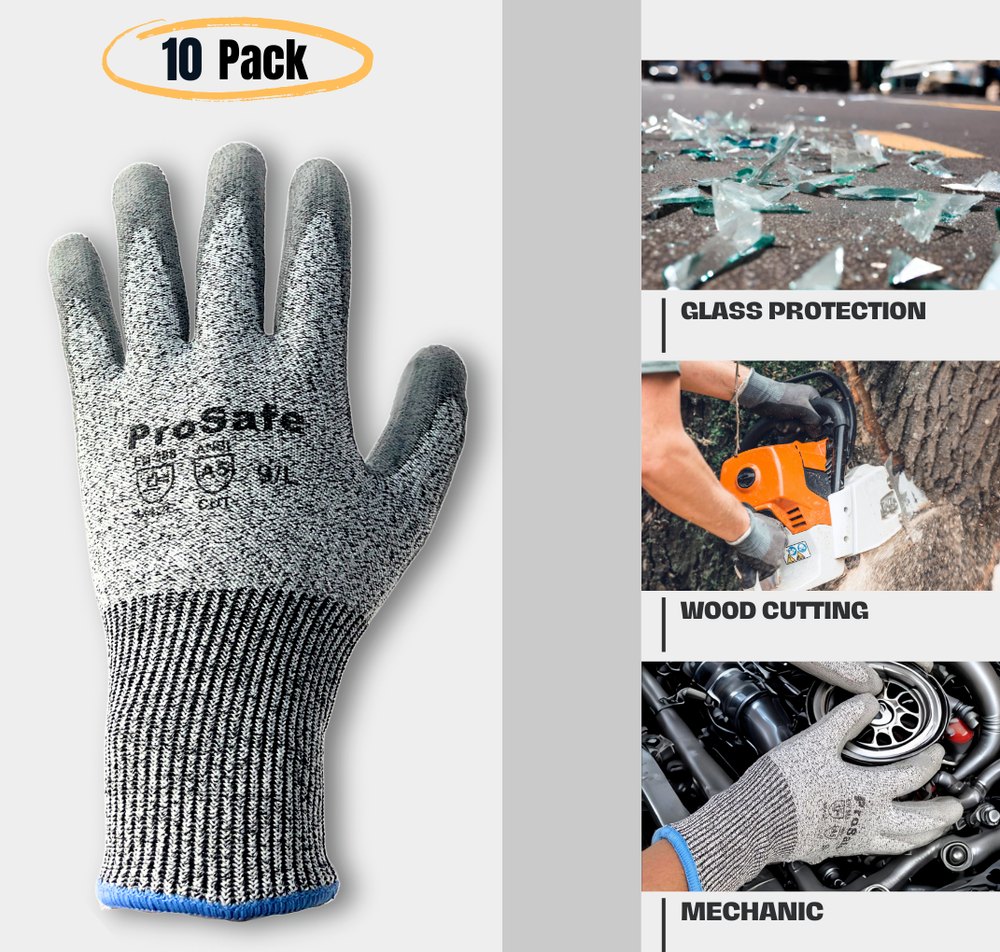 10 Pairs Cut Resistant Level A5 Work Gloves Grey PU Palm Coated