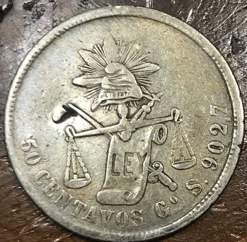 1875 Mexico GoS Silver 50 Centavos with Counter Strike Mark
