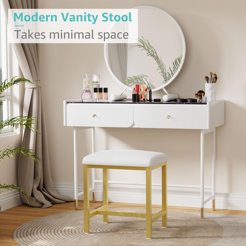 Small Vanity Stool, Cute Vanity Stools with Cushion, White Gold Makeup Vanity...