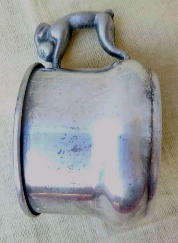 SILVER ON COPPER CHILDS DRINKING CUP W/3 D RABBIT HANDLE MARKS NAME ROXANN
