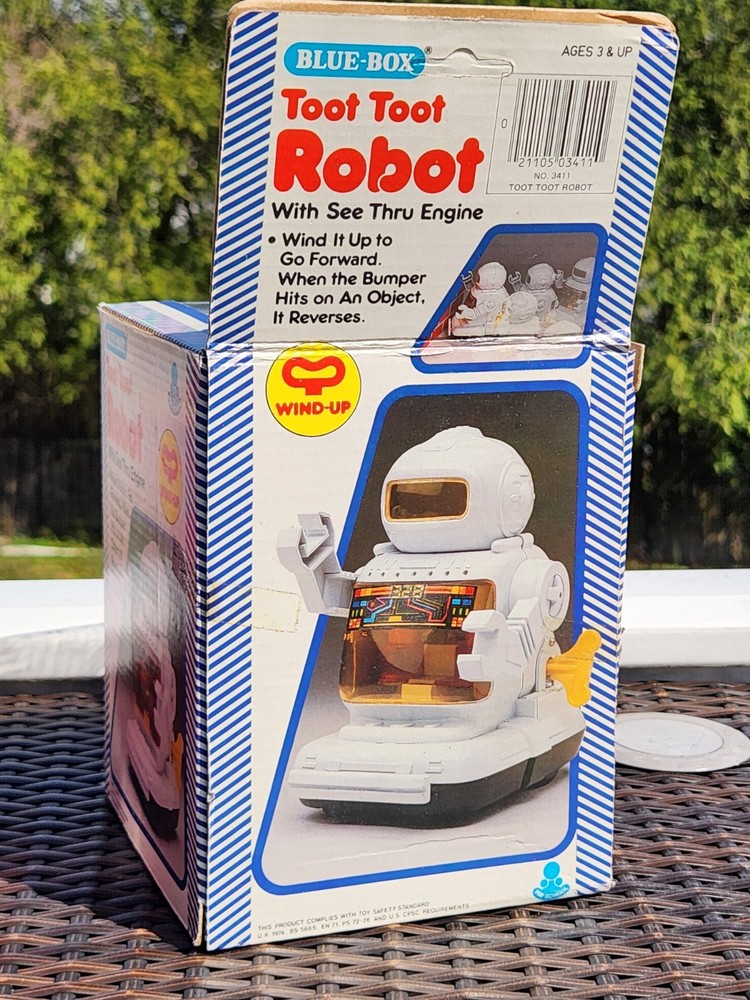 Blue Box Wind Up Piston Robot 1980's