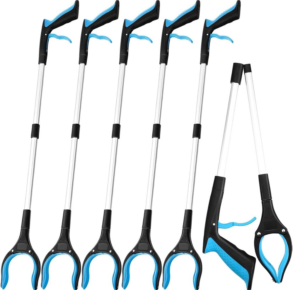 6 Pack Trash Grabber Reacher Tool for Elderly, 32" Foldable Trash Picker (Blue)