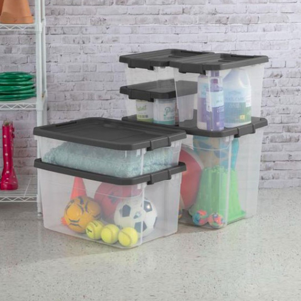 Sterilite 30 Qt Clear Plastic Stackable Storage Bin w/ Grey Latch Lid, 12 Pack